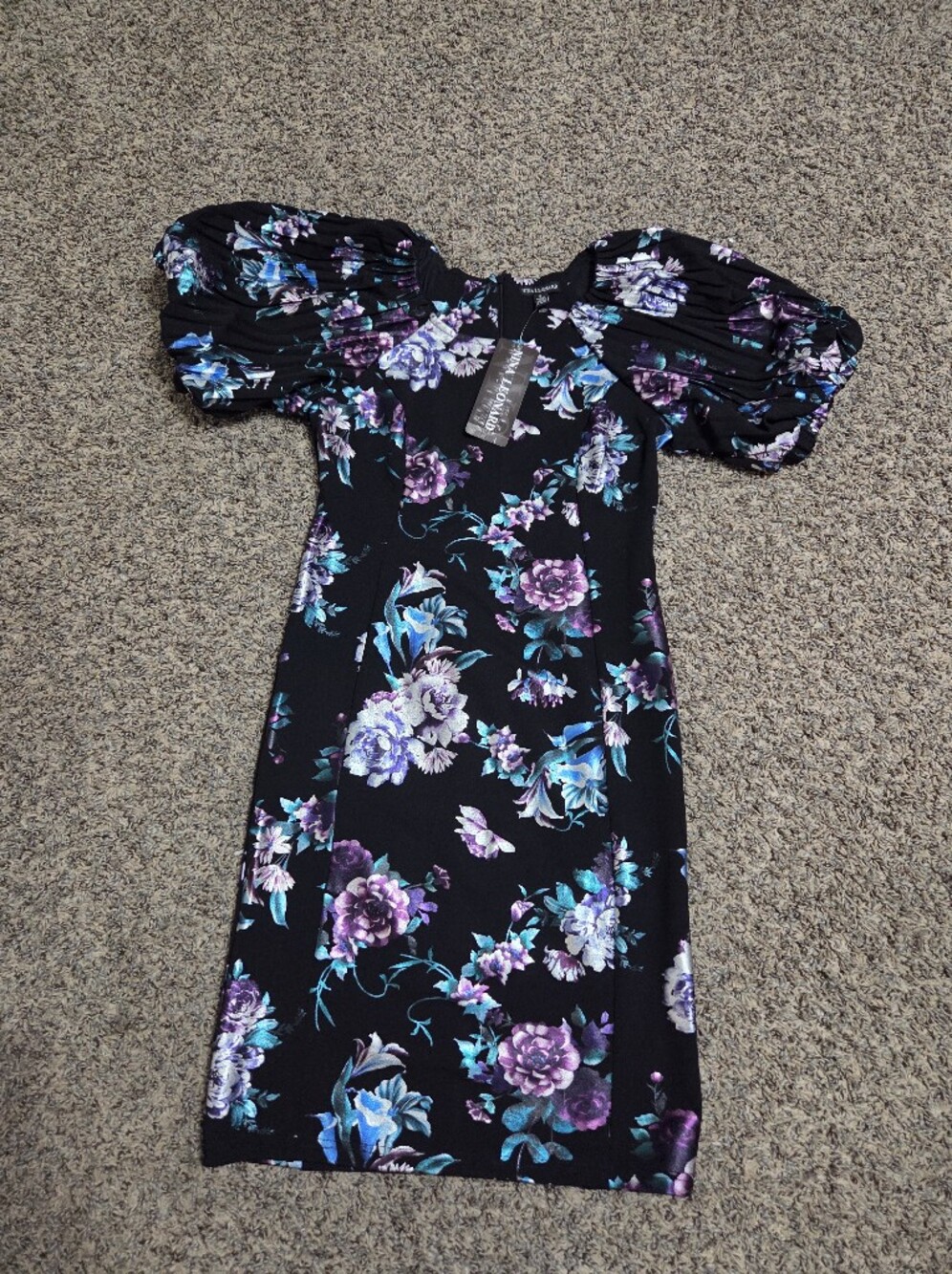 Nina Leonard Black Floral Puff-Sleeve Dress with Purple & Blue Blooms